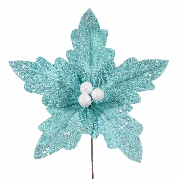 Fiore di Natale turchese con glitter Cocoon 22 cm