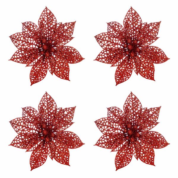 Set 4 fiori in glitter rosso Citazione d'amore 15 cm