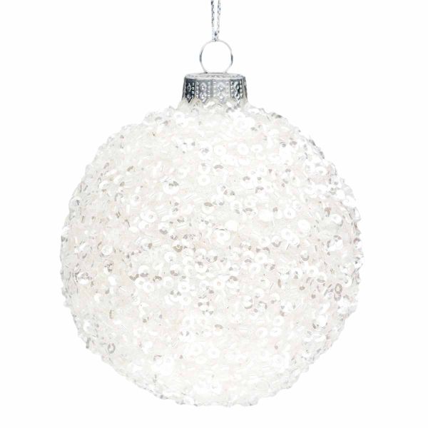 Pallina di Natale in vetro bianco con pailettes Northern Star 8 cm